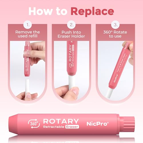 Nicpro 5+1 Pack Rotary Retractable Erasers, Soft TPE Twist Erasers with 4 Refill Eraser for Students, Clean Erasing Large Pencil Eraser for School Supplies, Office, Stationary - color: Pink