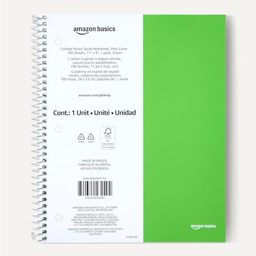 Amazon Basics College-Ruled Spiral Notebook, Poly Cover, For Work and School, 100 Sheets, 9" x 11", Green, 1-Pack - color: Green, style: College Ruled 100 Sheets