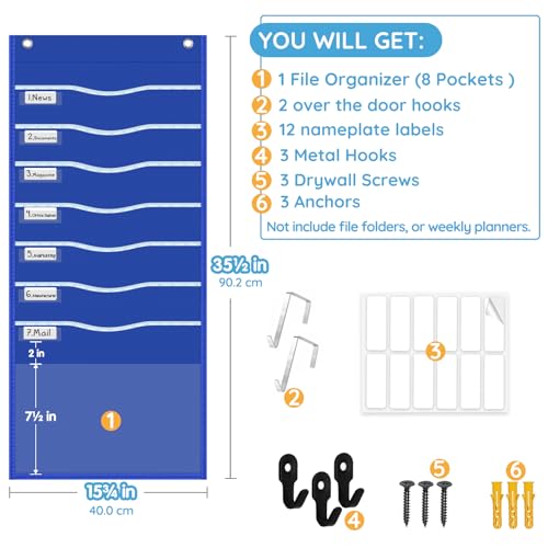 ALSLEA 15" Extra Wide Hanging File Organizer with 8 Pockets - Heavy Duty Classroom Pocket Chart, Wall Mounted Document Organizer with Writable Clear Pocket, 5 Wall/ Door Hooks & 12 Labels (Blue) - size: 8 Pockets Blue