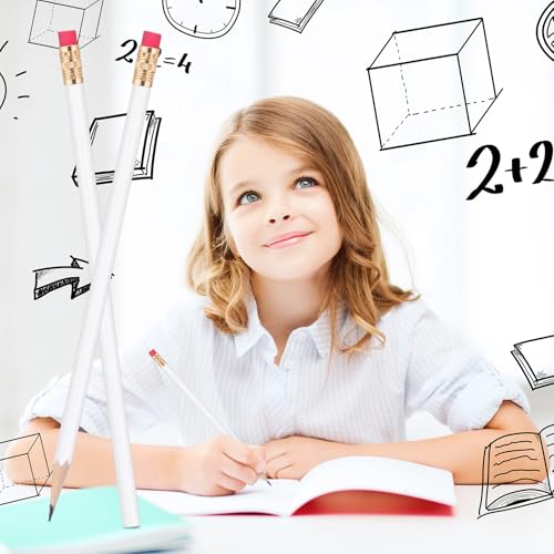 24 Pcs Round Pencils with Eraser 2 HB Cute Pencils Bulk for School Graphite Wood Color Unsharpened Pencil for Drawing Sketching Wedding School Teacher Supplies Student Reward(White) - color: White