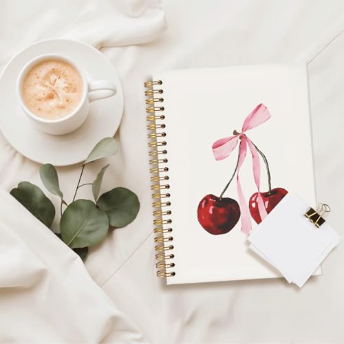Cute Cherry Spiral Notebook,Cute Notebooks for School | Cherry Gifts for Women Journal,Fruit Lover Gifts,Coquette School Supplies for Women Girls, 5.5x8.3 Inch - color: Cherry - Pink bow 3