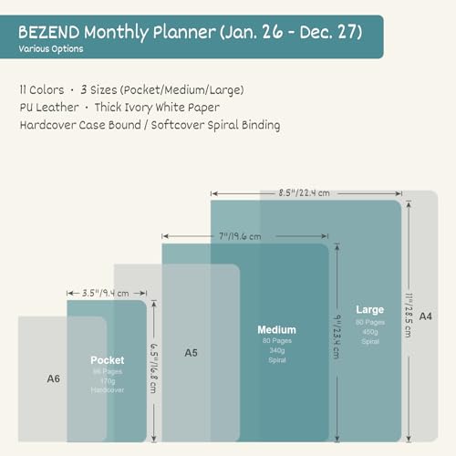BEZEND Pocket Monthly Planner 2026-2027 (3.5" x 6.5") 2 Year Calendar Book for Purse with Note Pages, 100 GSM Paper, Inner Pocket, Pen Holder, Vegan Leather Hardcover in Dark Green - color: Dark Green, size: Pocket 3.5" x 6.5"