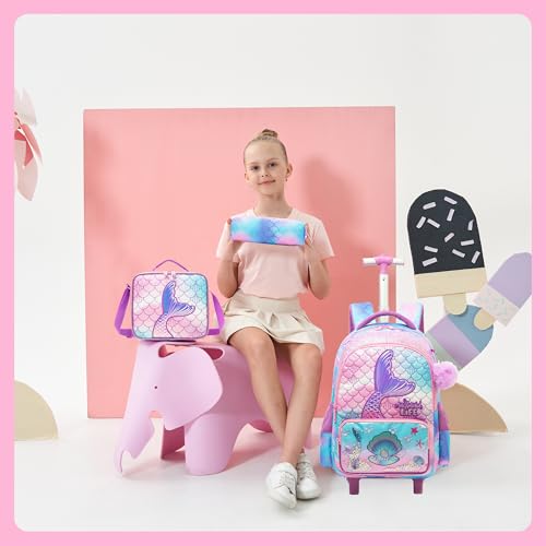 Meetbelify Kids Mermaid Rolling Backpack with Wheels for Elementary Students Kids Travel Luggage Carry on School Backpack for Girls Ages 6-8 - color: 01 Mermaid