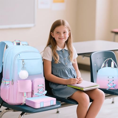 Scothen Backpack for Girls with Bento Lunch Box Set, School Bag Bookbag for Teens Girls Kids Student, 43oz Lunch Containers Lunchbox, Insulated Lunch Bag & Pencial Case, Back to School Gifts - color: Blue Pink
