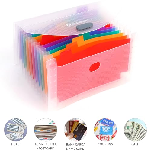 Expanding File Folder, Stand Receipt File Organizer, 13 Pockets Portable Folders for Coupons, Tickets, Bills and Business Cards, White