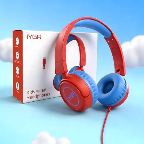 K6C Kids Headphones with USB-C, for Toddler & Kids Ages 2-12, 85dB Safe Volume Limited, Adjustable Headband & Foldable Wired, On-Ear Headphones for School, Travel, Tablet, iPad - color: Red