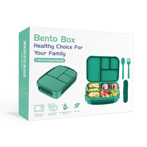 Amathley Lunch Box Kids,Bento Box Adult,Leakproof Lunch Containers for Adults/Kids/Toddler,1200ML-4 Compartments bento Lunch box with Utensil,Microwave & Dishwasher & Freezer Safe (Green) - color: Green
