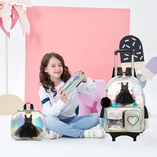 Meetbelify Rolling Backpack for Girls Backpack with Wheels for Elementary Student Kids School Bag with Lunch Box Pencil Case for Girls Ages 6-8 Years Old Black - color: Black 01