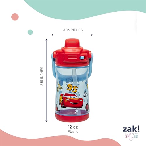 Zak Designs Disney Pixar Cars Beacon Kid Water Bottle for Travel or At Home, 12oz Plastic is Durable and Leak-Proof with Liquid Lock Spout, Cover, Carry Handle, Protective Base (Lightning McQueen) - color: Disney Pixar Cars (Lightning McQueen)