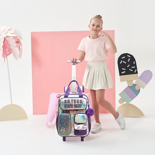 Kids Rolling Backpack with Wheels for Elementary Students Kids Travel Luggage Carry on School Backpack for Girls Ages 6-8 - color: A Purple