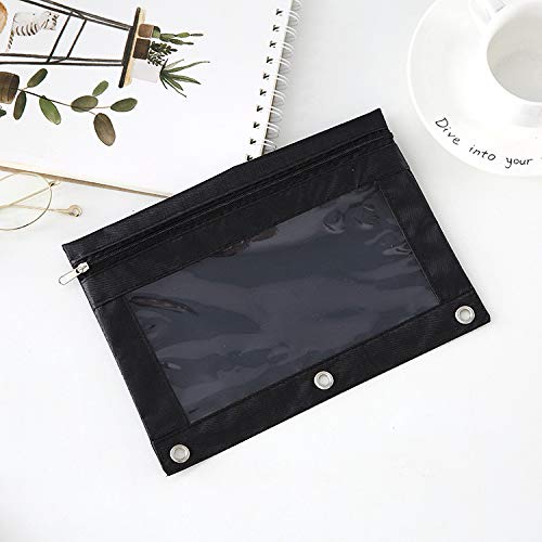 Zippered Binder Fabric Pencil Pouch | 3 Rings with Clear Window for School Classroom Organizers 8 pack (Black) - color: Black