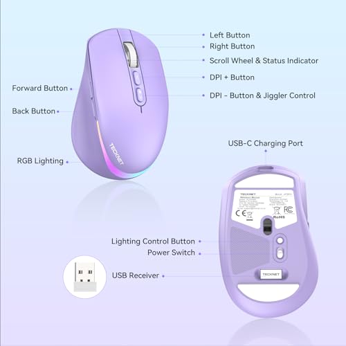 TECKNET Wireless Mouse Jiggler, Rechargeable Mouse with Built-in Mouse Mover, 6 Adjustable DPI & 14 LED Modes, Silent Click, Undetectable Random Movement Keeps Computer Awake for Laptop/PC/Mac- Purple - color: Purple