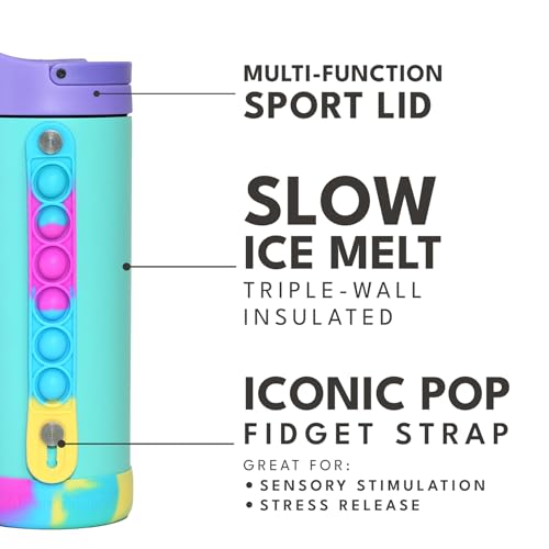 Elemental Iconic Kids Water Bottle with Straw Lid & Stress Relief Pop It Handle, Leak-Proof When Closed, Triple Insulated Kids Stainless Steel Water Bottle For Girls and Boys, 14oz - Blue Tie Dye - color: Blue Tie Dye, size: 14 Ounces