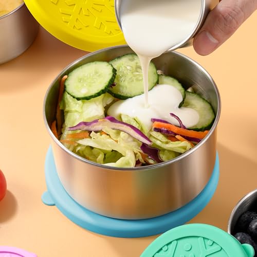 18/8 Stainless Steel Food Snack Storage Containers(5 Pack: 2/4/8/14/24oz) | Stackable, Leakproof Lunch Box with Silicone Lid, for Kids and Toddler Home School Use - color: 5 Pack(Blue, Yellow, Green, Orange, Purple)