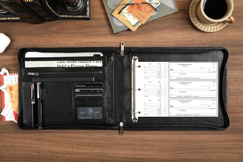 Personalized 3 Ring Check Binder, Engraved Business Checkbook Holder, Zippered for 3 & 9 Holes Checks, 3 on a Page, Oil Black - Custom - color: Oil Black, size: Custom