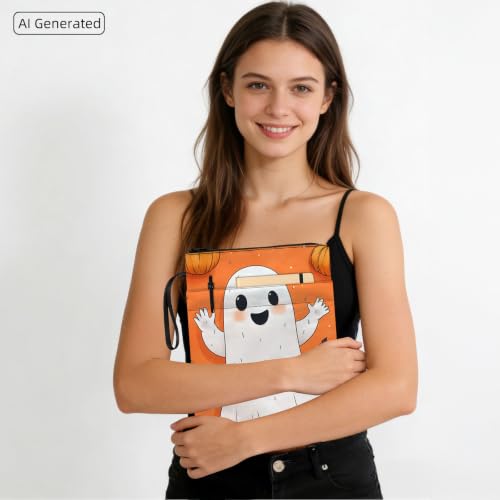 Padded Book Sleeve with Zipper & Front Pocket, Fabric Book Cover | Cute Halloween Ghost Pumpkin11.4"x8.7" Washable Canvas Pouch for Hardcovers, Tablets & Reading Accessories - color: Cute Halloween Ghost Pumpkin