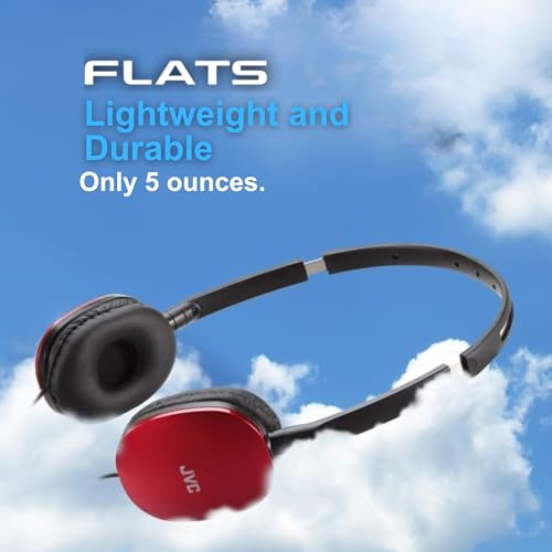 JVC Flats Foldable Colorful Flats On Ear Headphones with Remote and Microphone, 3.94 Foot Gold Plated 3.5mm Slim Plug - HAS160MA, Adjustable - Red - color: Red, style: Mic and Remote