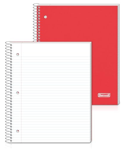 Dunwell 3 Subject Notebook College Ruled (Red), 150 Sheets (300 Pages), Spiral Notebook 8.5 x 11, Plastic Cover, 3 Pocket Divider Folders, 3-Hole Punched Perforated Paper - color: Red