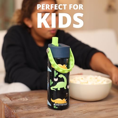 Elemental Water Bottles for Kids - Splash Kids Water Bottle for School with Pop-it Handle - BPA Free Tritan Plastic Water Bottle with Straw Leak Proof when Spout is Closed - Dinosaur- 18oz - color: Dinosaur (Navy Blue) 18oz