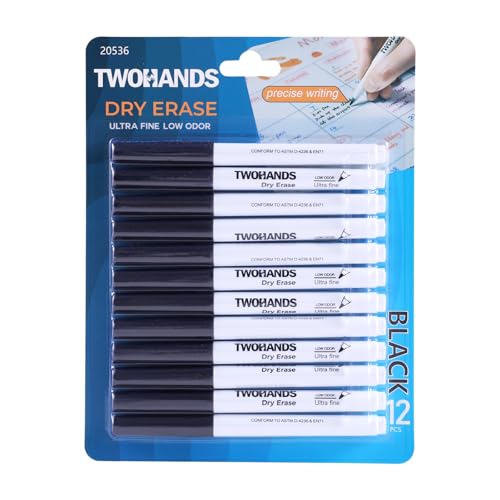 TWOHANDS Dry Erase Markers Ultra Fine Tip Black,Extra Fine Point 0.7mm,Low Odor,Whiteboard Markers for Office,Home,or Planning Whiteboard,12 Count,20574 - style: Black