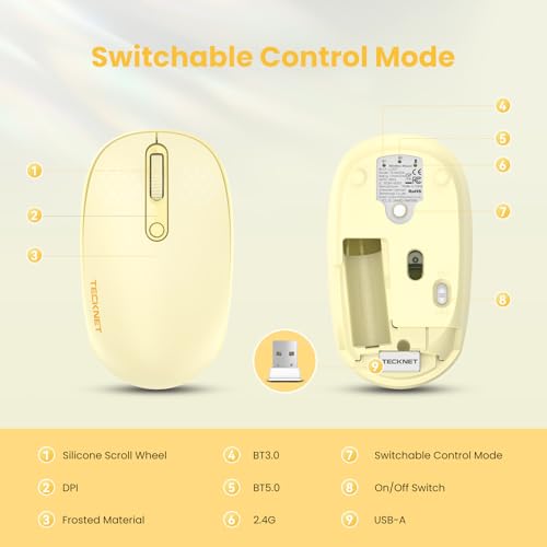 TECKNET Wireless Mouse,Bluetooth Mouse (BT5.3/5.0 & 2.4G) with USB Receiver Silent Optical Computer Mice,Wide Compatibility - color: Yellow