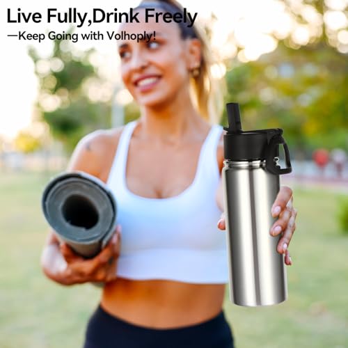 Volhoply 18oz Insulated Water Bottle Bulk 2 Pack,Kids Stainless Steel Water Bottles with Straw,Double Wall Vacuum Metal Water Bottle,Reusable Sports Water Flask For Cold Drink(Silver,2 Set) - color: Silver