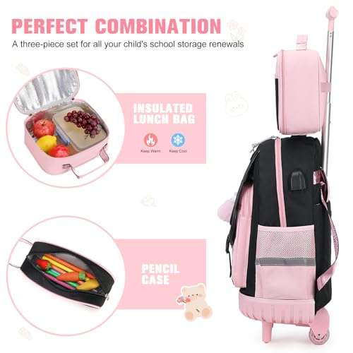 Bevalsa Rolling Backpack for Girls, 3PCS Roller School Backpacks with Lunch Box & Pen Case, Kids Bookbag Schoolbag with Wheels for Teen Girl Kindergarten Elementary Middle School - color: Black Pink