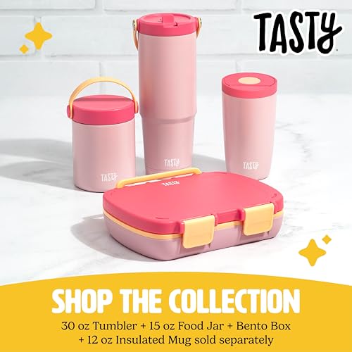 Tasty Bento Style Lunch Box, 4 Compartments with Built-In Phone Stand, BPA-Free Plastic, Portable Food Storage Container, Pink - color: Pink