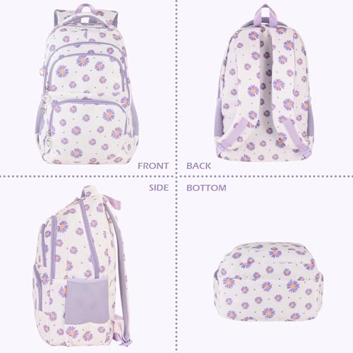 Glodwheat Daisy Printed Backpack For Girls- 3Pc Set With Lunch Box & Pencil Case, Lightweight Water-Resistant Bookbag For Elementary School - color: White