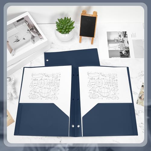 Yeaqee 50 Pcs Plastic Folders with Pockets Bulk 3 Hole Punched 2 Pocket File Folders for 3 Ring Binder Divider Folder for Notebooks, Durable Poly for Office Home (Navy Blue) - color: Navy Blue