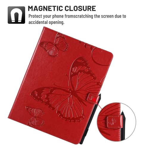 Dteck Wallet Case for iPad Air 13 Inch M2 2024 & iPad Pro 12.9 2022/2021/2020/2018 with Pencil Holder,Embossed Butterfly Auto Sleep/Wake PU Leather Smart Stand Girls Cute Folio Pocket Cover,Red - color: 10 Red