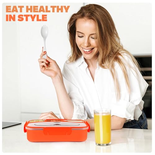 EASYFUN Bento Box Adult, Lunch Box, 4-Compartment Lunch Containers, Drop-Proof, Dishwasher Safe & Made with BPA-Free Materials (Orange) - color: Orange