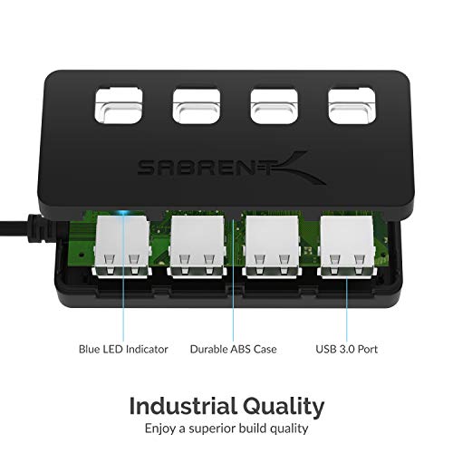 SABRENT 4-Port USB 3.0 Hub with Individual LED Power Switches - Slim, Portable Design - 2 Ft Cable - Fast Data Transfer - Compatible with Mac & PC (HB-UM43) - color: Black