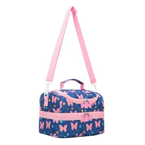 Insulated Kids Dual Compartment Lunch Bags Tote for Girls Boys Toddler Lunch Boxes Pre-School Toddler Kindergarten Picnic Camp Food Cooler Thermal with Strap (ZPINKBTFLY) - color: ZPINKBTFLY