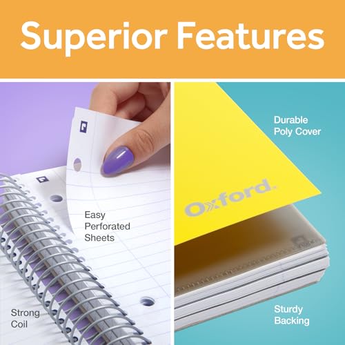 Oxford Spiral Notebook with Free Study App, 3 Subject, Wide Ruled, Ultra Smooth Paper, No Ink Bleed-Through, Strong Poly Yellow Cover, 3 Durable 2 Sided Pockets, 150 Easy Perforated 8.5" x 11" Sheets - color: Yellow