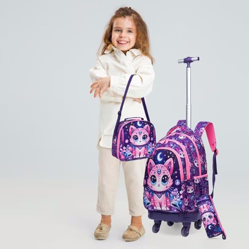 Kids Rolling Backpack for Girls Cats Suitcases Trolley Roller Luggage Backpacks with 360° Rotating Wheels 15" Laptop Lunch Box Pencil Case for Elementary 18" Travel School Bag Purple - color: Purple-maomi-1220