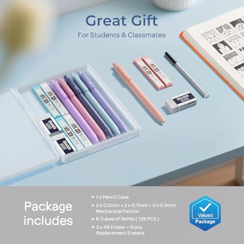Nicpro 6PCS Pastel Mechanical Pencil Set with Case, Cute Drafting Pencils 0.5 mm & 0.7 mm & 0.9 mm with 6 Tubes HB Lead Refills, Erasers, Eraser Refills, Aesthetic School Supplies for Girls Writing - style: 0.5mm + 0.7mm + 0.9mm