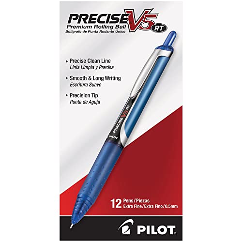 Pilot Precise V5 RT Refillable & Retractable Rollerball Pens, Extra Fine Point Pens 0.5 mm, Blue, Pack of 12 - Ideal for School, Journaling & Office Writing - color: Blue, size: 12 Count (Pack of 1)