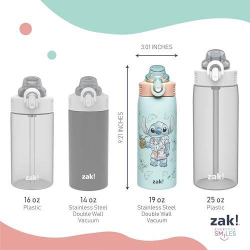 Zak Designs Disney Sage Kids Water Bottle For School or Travel, 19oz Stainless Steel Water Bottle With Straw, Handle, and Leak-Proof, Pop-Up Spout Cover (Stitch) - color: Stitch (Sage)