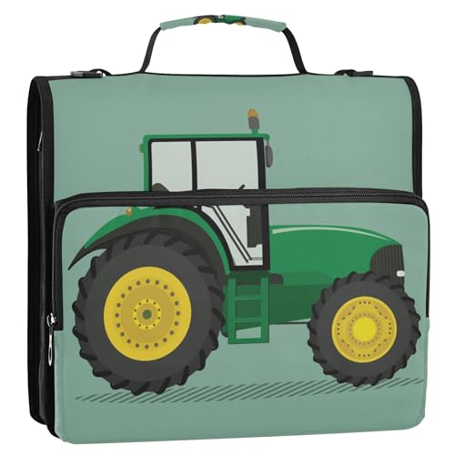Fisyme Green Yellow Tractor Zipper Binder 3 Ring with Zipper and Shoulder Strap Large Capacity Multi-Pocket Binder Organizer - color: Multi-dark Green
