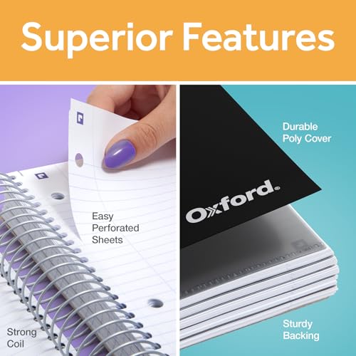 Oxford Spiral Notebook with Free Study App, 5 Subject, College Ruled, Ultra Smooth Paper, No Ink Bleed-Through, Strong Poly Black Cover, 5 Durable 2 Sided Pockets, 200 Easy Perforated 8.5"x11" Sheets - color: Black