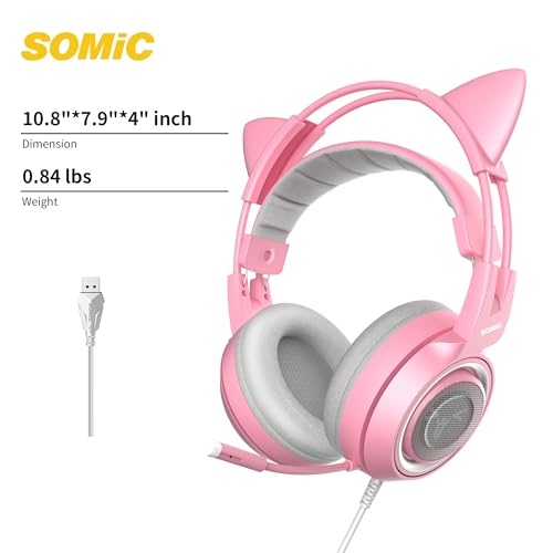SOMIC G951pink Gaming Headset for PC, PS4, PS5, Laptop, Cat Ear Headphone USB Gaming Headphones with Mic Noise Cancelling, LED Light, 7.1 Virtual Surround Sound for Girls, Women - color: Pink