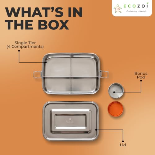 ecozoi Stainless Steel Bento Lunch Box for Adults & Kids, 4 Compartment Leak Proof 50 Oz, BPA-Free Dishwasher Safe, Eco-Friendly and Plastic-Free Lunch Container for School, Work and Meal Prep - size: 4 Compartment 50 Oz