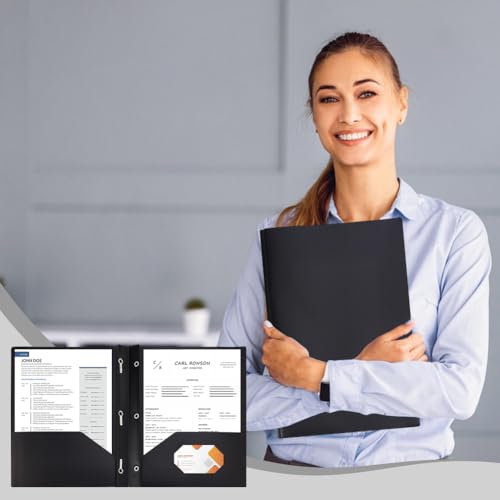 AHANDMAKER 12 Pack Plastic Folders with Pockets and Prongs, Durable 2 Pocket Project File Folders with 3 Prong Fasteners for Letter Size Papers Home School Office Business Use, Black - color: Black