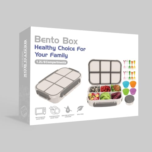 Amathley Lunch Box Kids Girls Boys,Bento Box Adult,Toddler Lunch Containers for School,Leakproof Snack Containers with 6 Compartments,Sauce Container,10 Food Picks and 4 Muffin Cups (White) - color: White