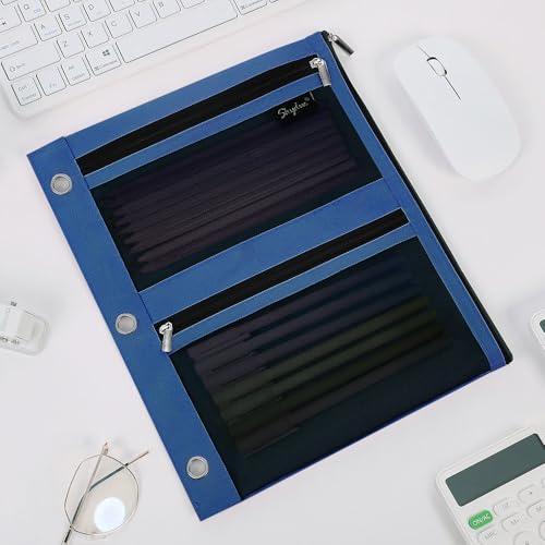 SKYDUE 3 Ring Pencil Pouch for Binder, Zipper Binder Pencil Pouch with 3 Pockets and Mesh Window, Durable Organizer for School Supplies, Cables, Earbuds, Makeup - color: Darkblue
