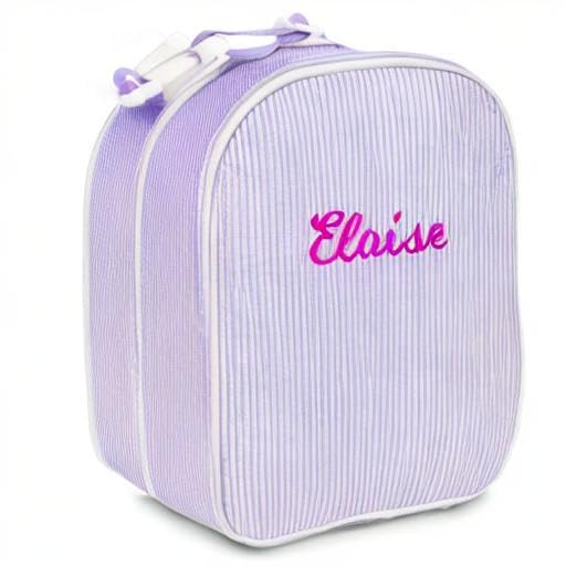 MT WORLD Personalized Lunch Bag Tote Custom Embroidery Name Reusable Seersucker Stripe Pattern Insulated Lunch Box - color: Purple