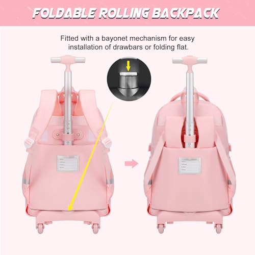 DIGOBAY Rolling Backpack for Girls, Roller School Bag with Wheels, Wheeled Backpacks with Lunch Bag Pencil case for Elementary School Bookbags with Cute Pins Pink - color: Pink