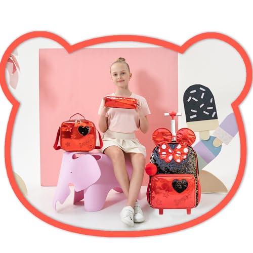 Meetbelify Rolling Backpack for Girls Backpacks with Wheels for Elementary School Students Kids 3 in 1 Travel Luggage Suitcase with Lunch Box Pencil Case for Girls Age 8-10 - color: Big Ear Red