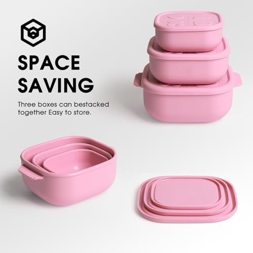 Silicone Bento Box ๏ฝFood Grade & Leakproof Lunch Box Bento with Lids ๏ฝ3-Piece Space-Saving Nesting Kit Food Storage Containers Set (Pink) - color: Pink